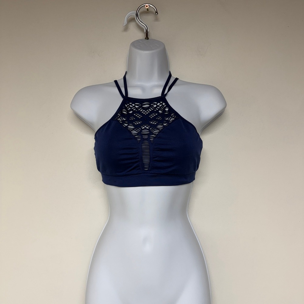 Victoria's Secret Bralette Size M Navy Blue Crochet High Neck Strappy